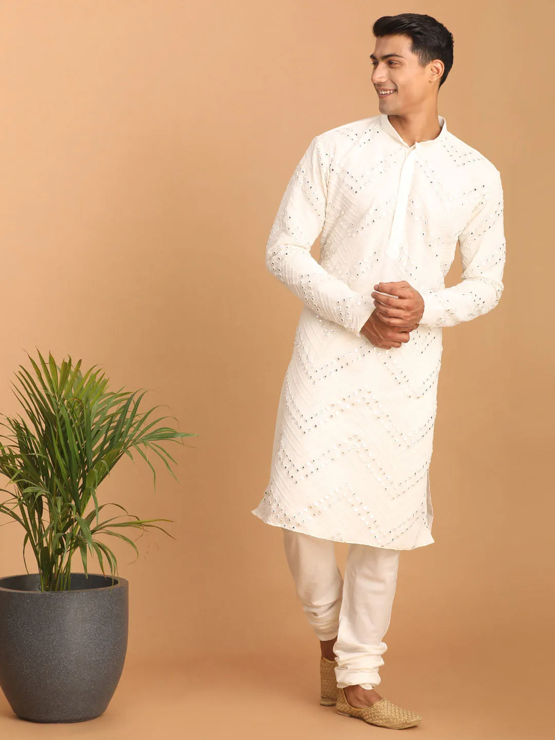 Vastramay Men's White Mirror Kurta Pyjama Set