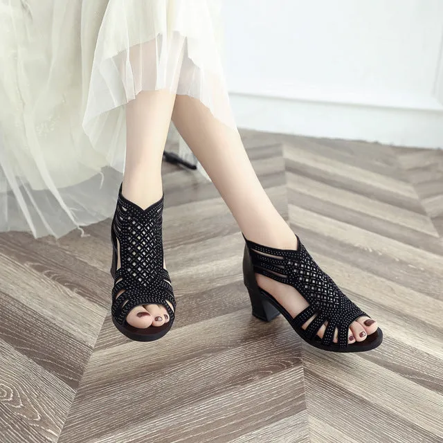 Women Fashion Crystal Hollow Out Peep Toe Wedges Sandals