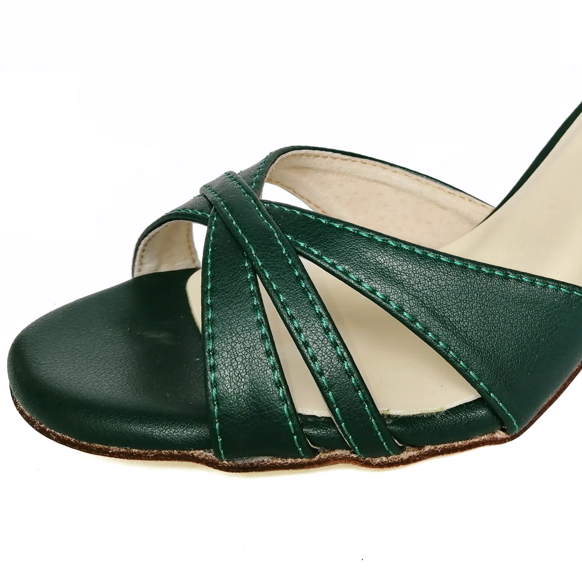 Women's Argentine Tango Shoes High Heel Dance Sandals Leather Sole Dark Green