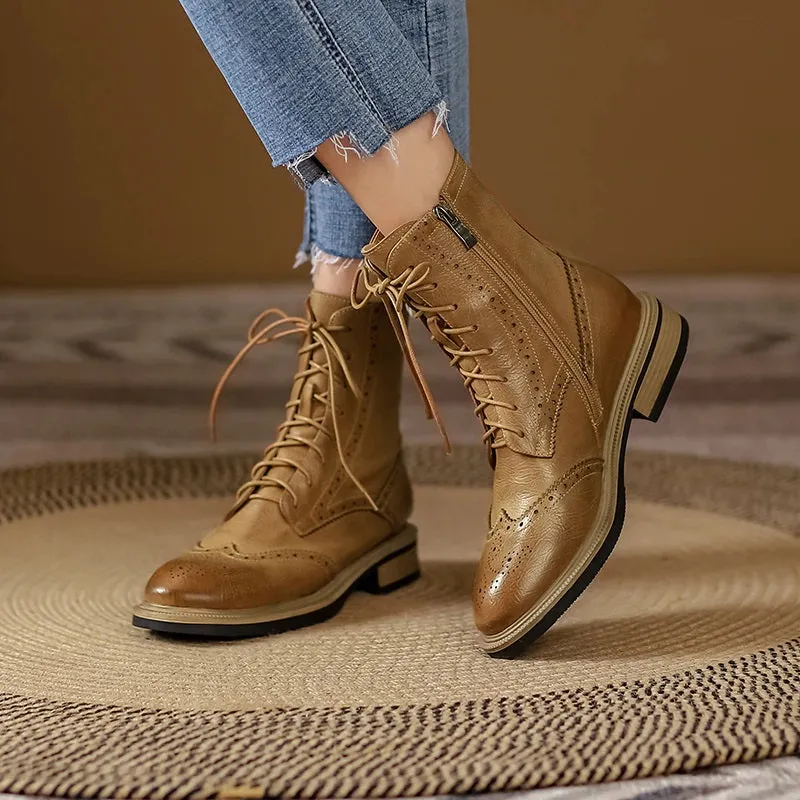 Women's Retro Classic Soft Vegan Leather Zipper Lace-up Ankle Boots