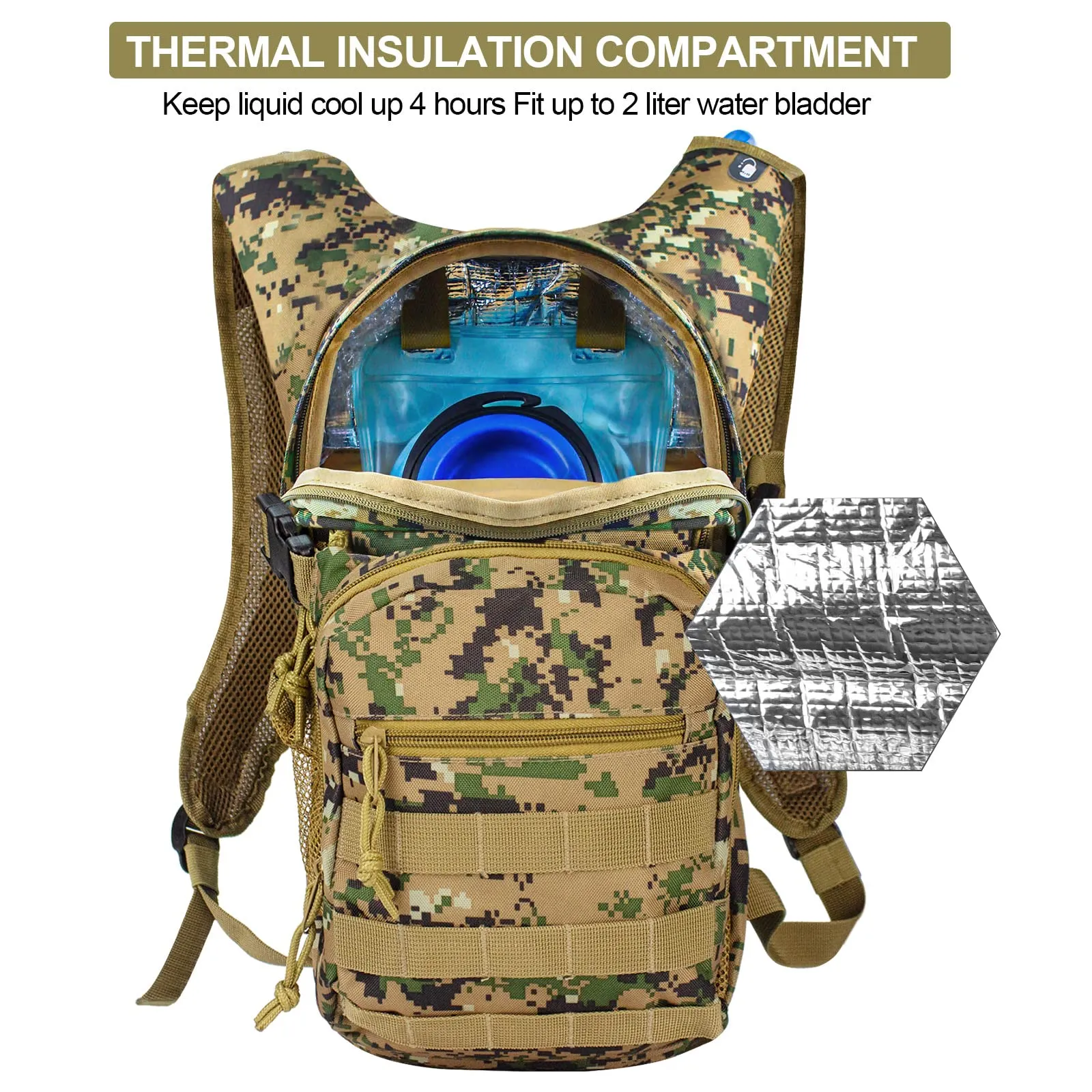 Zavothy Tactical Hydration Backpack with 2L Water Bladder for Outdoor Activities Like Hiking, Cycling, Running, Climbing, Hunting, and Biking - Camo Design