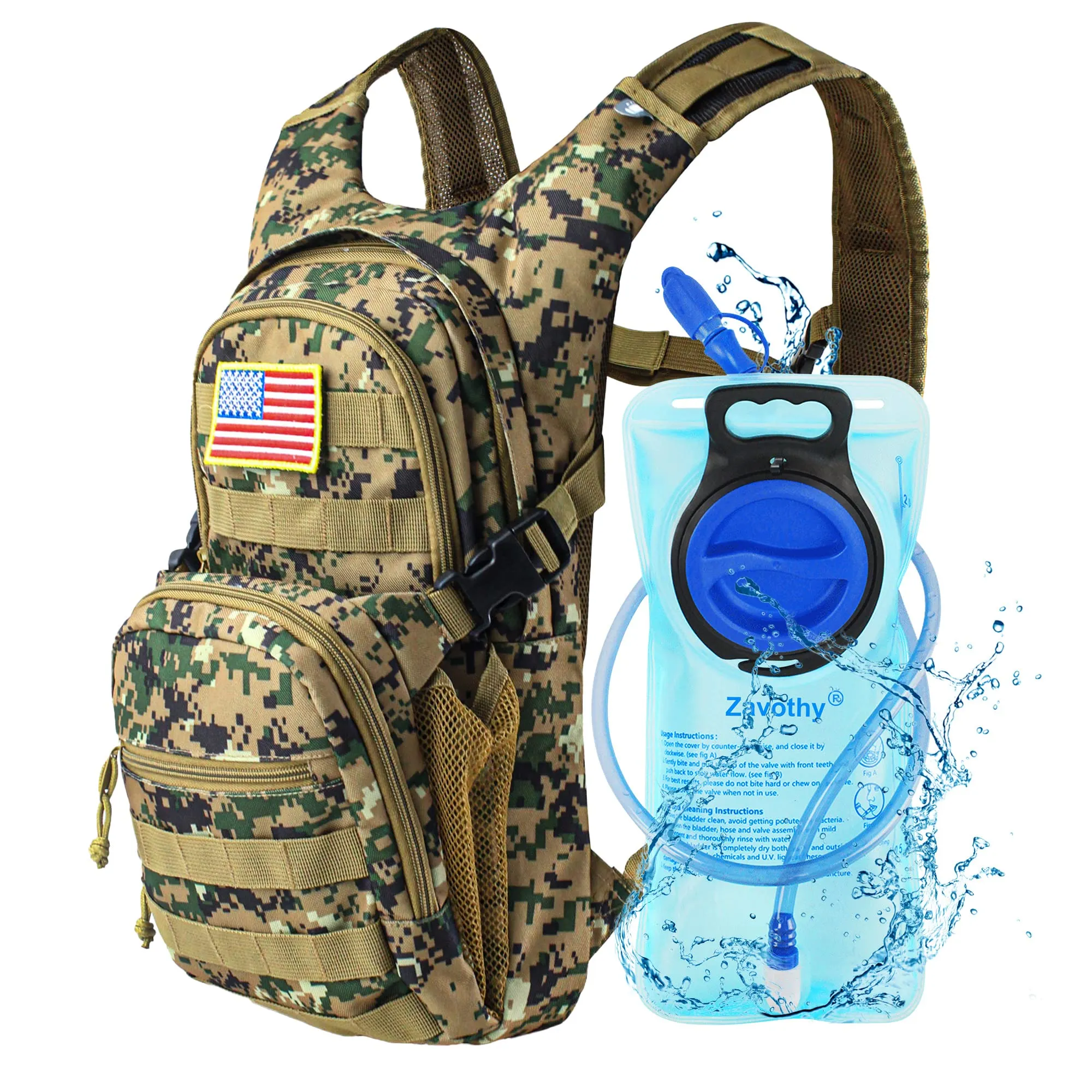 Zavothy Tactical Hydration Backpack with 2L Water Bladder for Outdoor Activities Like Hiking, Cycling, Running, Climbing, Hunting, and Biking - Camo Design